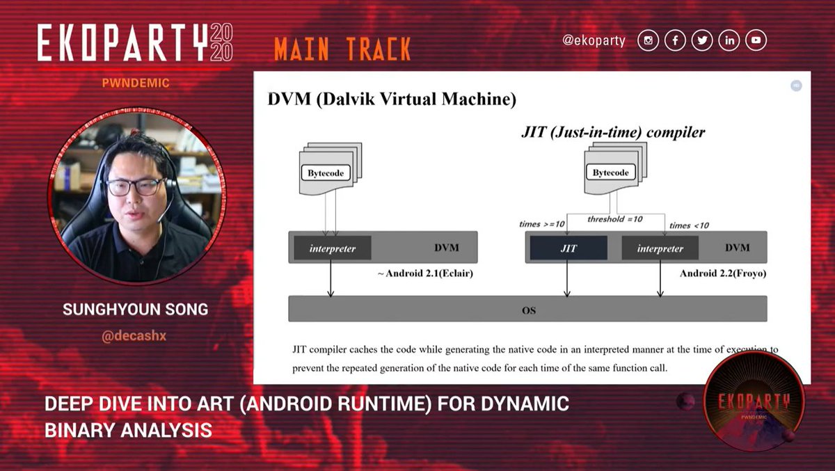 ekoparty's tweet photo. NOW @decashx hits our Main Track with "Deep Dive into ART for dynamic binary analysis". Tune in exclusively via Pinetool!

Traducción simultánea a español disponible en #discord

#ekoparty #eko2020 #pwndemic #android https://t.co/8mR2sgByxN