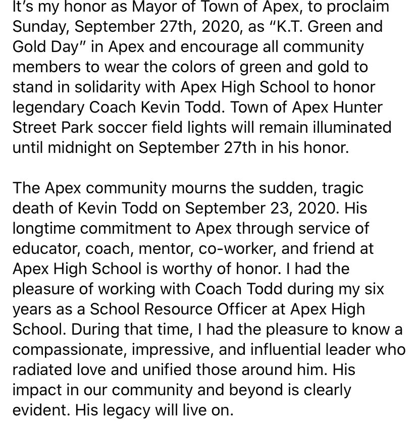 Jacques K. Gilbert (@jacqueskgilbert) on Twitter photo It’s my honor as Mayor of Town of Apex, to proclaim Sunday, September 27th, 2020, as “K.T. Green and Gold Day” in Apex. Swipe for full statement. It’s my honor as Mayor of Town of Apex, to proclaim Sunday, September 27th, 2020, as “K.T. Green and Gold Day” in Apex. Swipe for full statement.