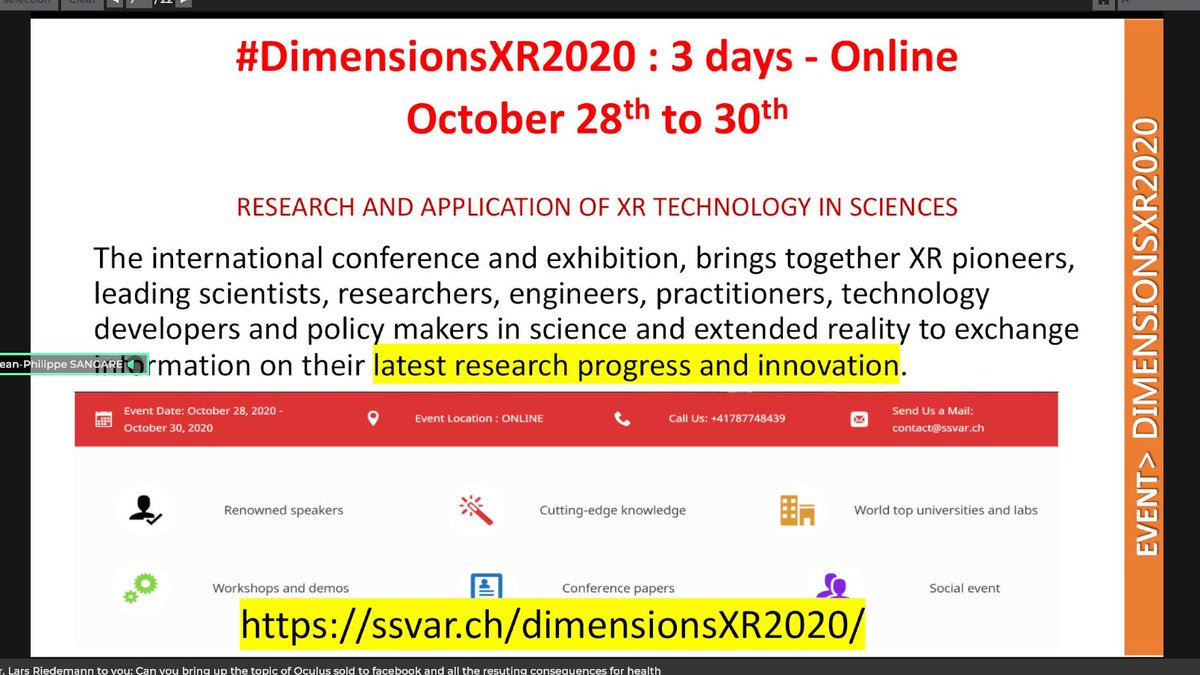 25/ Mohamed Jean-Philippe Sangaré gave an overview of the Swiss Society of Virtual, Augmented & Mixed Reality ( @RealiTvirtuelle) & their upcoming  #DimensionsXR2020 conference Oct 28-30.He gave some philosophical ruminations on different types of reality. https://ssvar.ch/ 