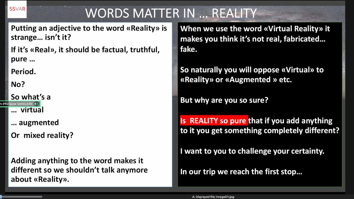 25/ Mohamed Jean-Philippe Sangaré gave an overview of the Swiss Society of Virtual, Augmented & Mixed Reality ( @RealiTvirtuelle) & their upcoming  #DimensionsXR2020 conference Oct 28-30.He gave some philosophical ruminations on different types of reality. https://ssvar.ch/ 