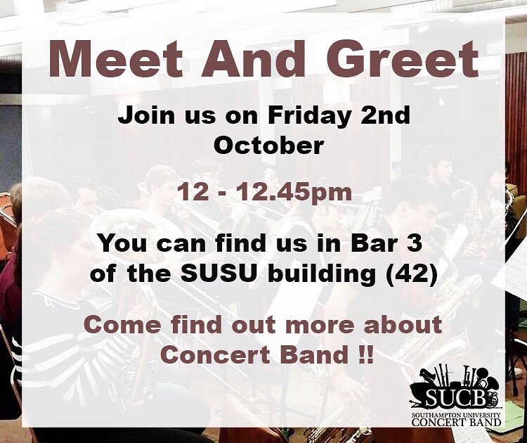 Southampton University Concert Band will be hosting an in-person meet and greet on campus on Friday 2nd October  from 12:00-12:45 in the SUSU Building (42) Come along if you are interesting in finding out more about us!
susu.org/opportunities/…