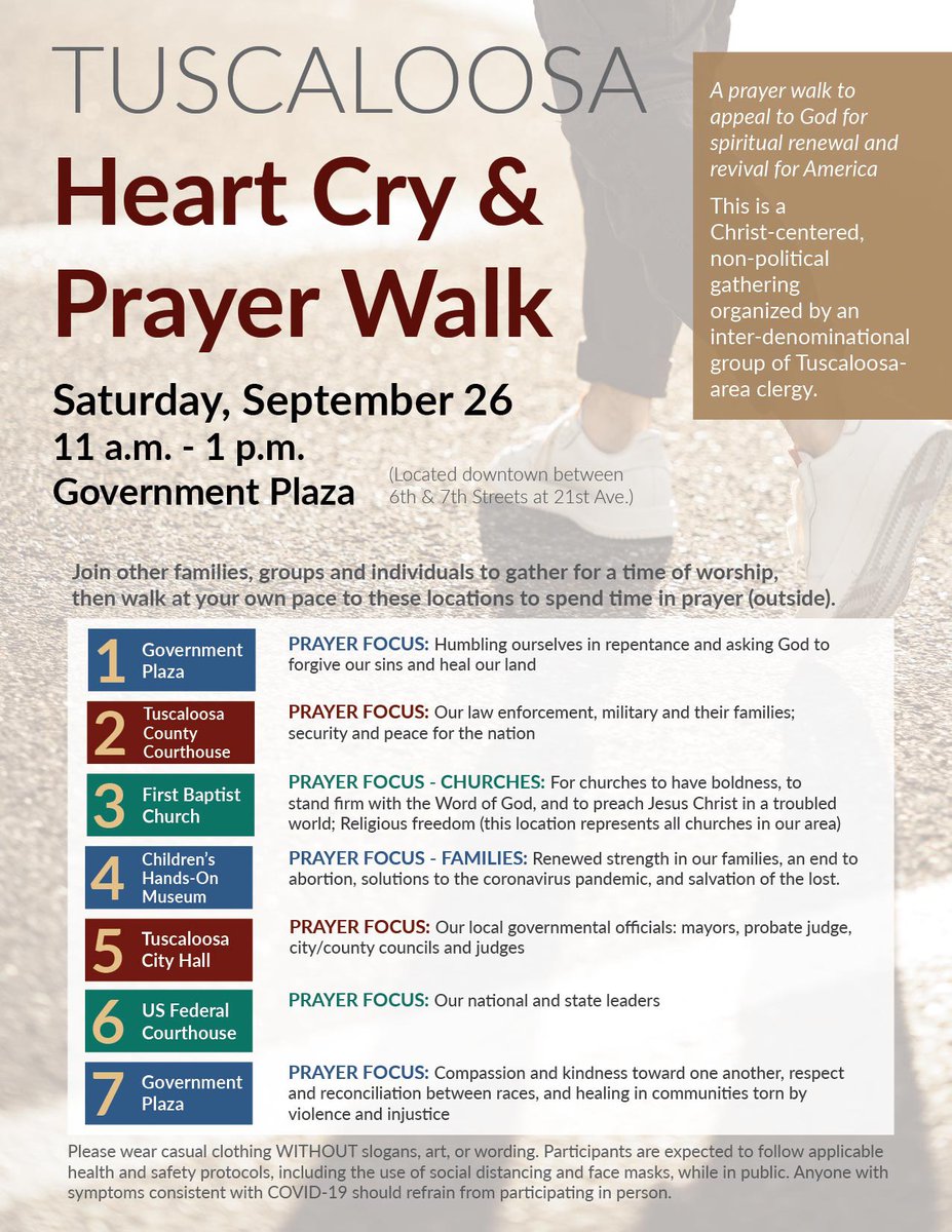 landydandy's tweet photo. Inter-denominational Prayer walk in Tuscaloosa at 11am at Goverment plaza. Prayer for racial reconciliation, churches, military &amp; police, hurt from injustices, ending abortion, churches and repentance to heal our land. https://t.co/7apXRlknlt