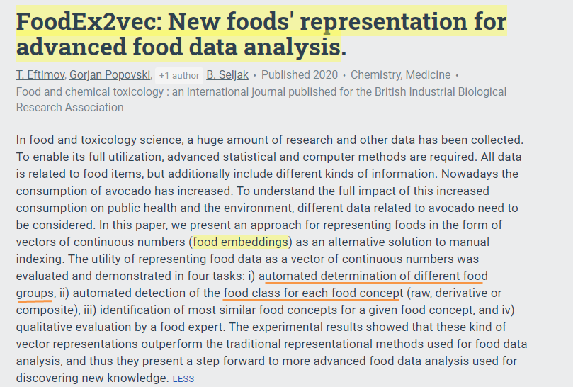 semanticbeeng's tweet photo. ".. we present an approach for representing foods in the form of ... (food #embedding-s) as an alternative solution to manual indexing"
#StandFood #FoodEx2 #FoodEx2vec
#wordembedding #NLProc
#probabilistic #KnowledgeManagement
statistical/vector representations of #food https://t.co/UUrUnpz9aQ