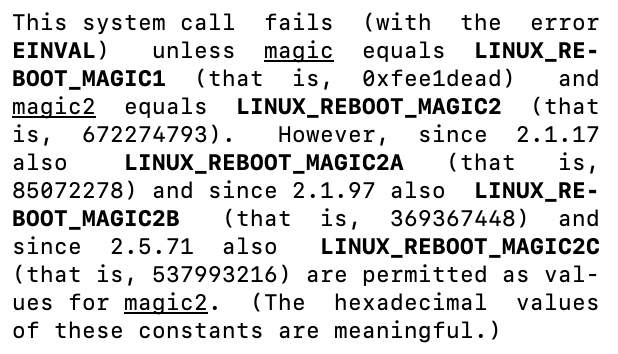 moyix's tweet photo. Today I discovered that Linus Torvalds embedded his own birthday and the birthdays of his daughters into the magic numbers of the reboot() system call :) https://t.co/Zo2Rkj7N4P