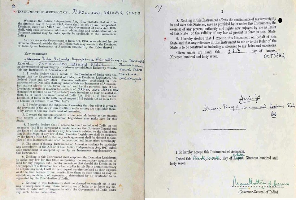 In order to salvage the deteriorating situation, Hari Singh approached India for help and on 26 Oct 1947 signed the Instrument of Accession to accede to India. Indian forces landed in Srinagar on 27 Oct 1947 to push back the intruders.