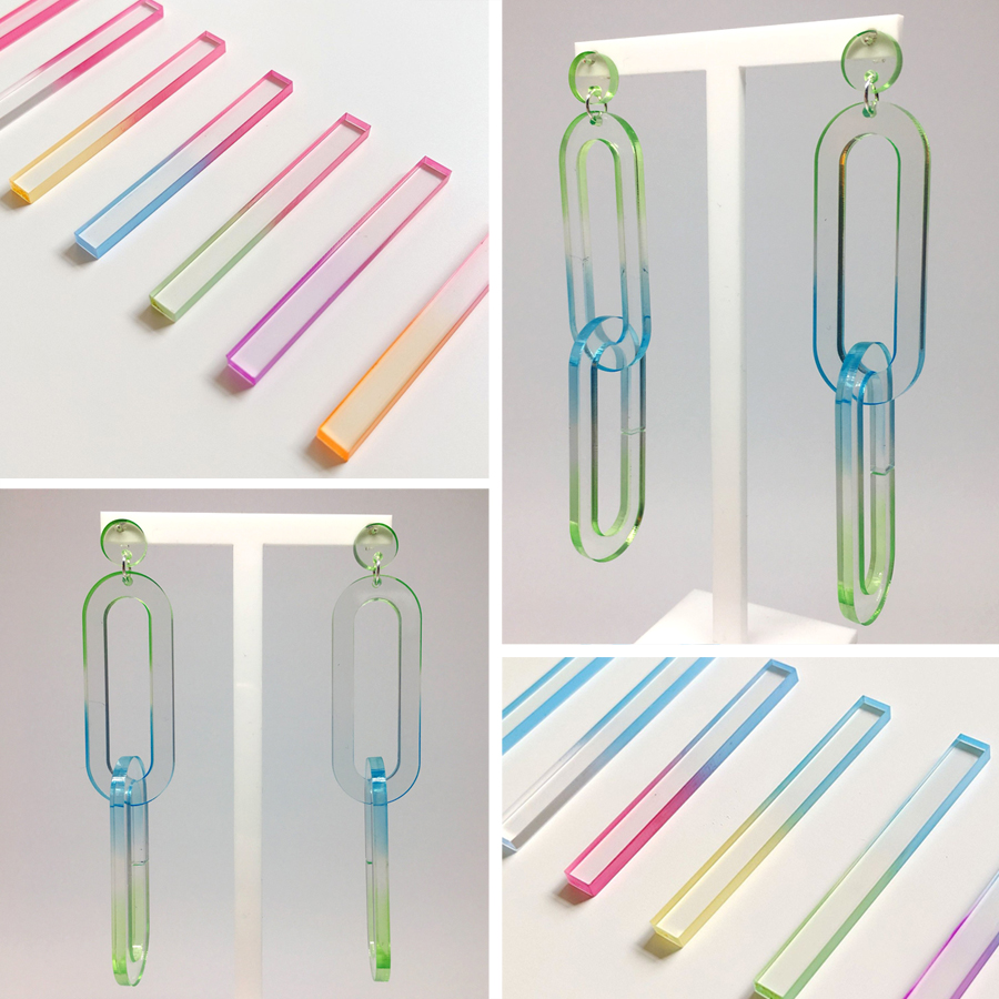 A pair of Abbie Gaiger's blue &amp; green Chroma Chain Earrings are on their way to a lovely customer today. Fun, lightweight statement #earrings made from hand-dyed acrylic with a graduating dip-dye effect. Available in all sorts of colourful combinations: madebyhandonline.com/products/chrom…