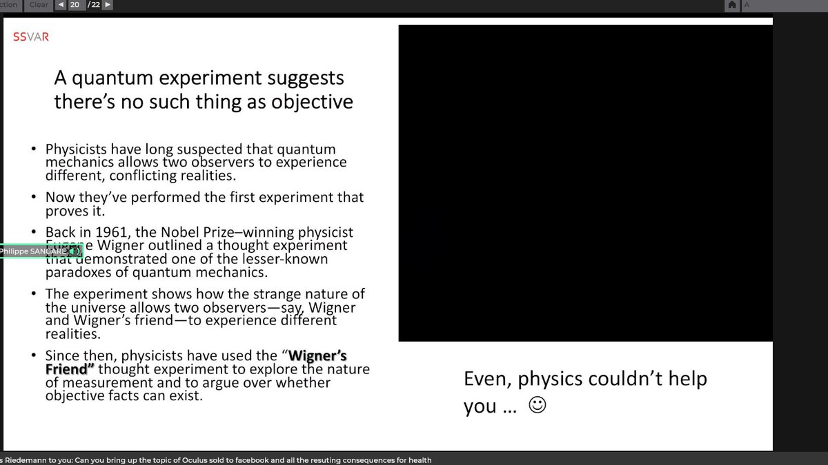 26/ Here's a few more slides from Mohamed Jean-Philippe Sangaré's more philosophical talk on reality.He started to show this video on "Wigner's Friend Paradox: Is Observation Inherently Flawed?" to challenge whether or not an objective reality exists. 