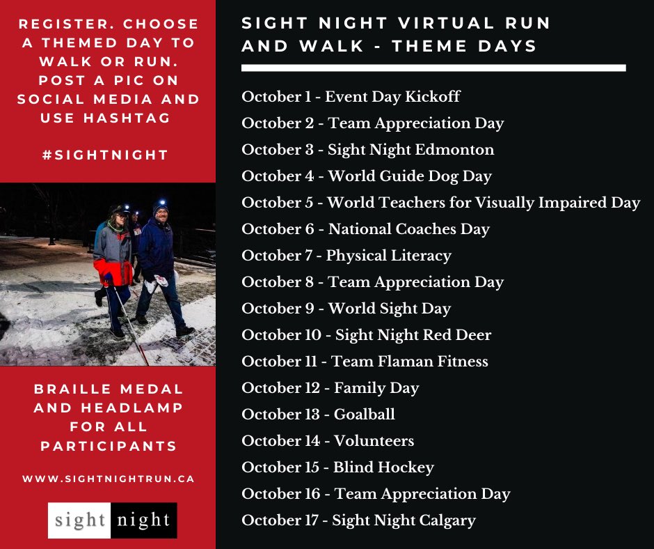 Take part in something different and give back! Join <a href="/ABBlindSports/">Alberta Blind Sports</a> virtual sight night fun run or walk between October 1 - 17. Choose a day with a theme and tag us. #blindsports Go to sightnightrun.ca to take part!