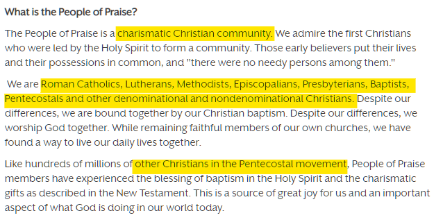 Well, I'm at the point where I actually have to research the People of Praise, which I've seen described as a secretive Catholic group.So I started with the FAQ on their website.  https://twitter.com/smbrnsn/status/1309650586342699009