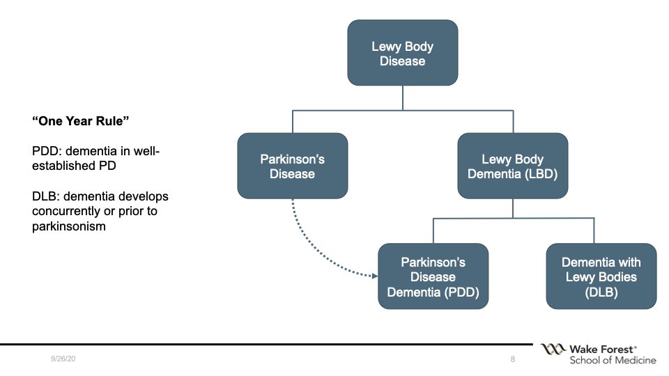 Terminology is confusing: Lewy Body Dementia is best thought of as the supraordinate category made up of PDD and DLB. If movement problems develop concurrently with dementia or after the dementia (and fits otherwise) then = DLB. In 'well-established PD' = PDD. 3/21