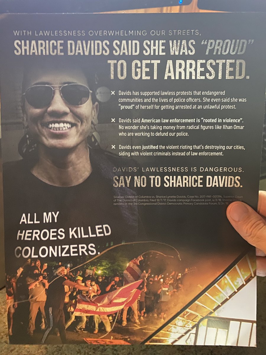 matt_sweeney16's tweet image. This Amanda Adkins mailer in the KS-3 district is quite something. It suggests @sharicedavids was arrested as part of the recent “lawlessness overwealming our streets” and is all about that #riotlife. It assumes recipients don’t have google (or won’t).