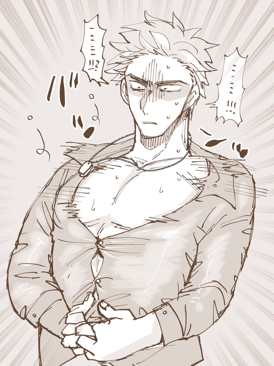 胸の筋肉でシャツが弾け飛ぶくびきの落書きです 