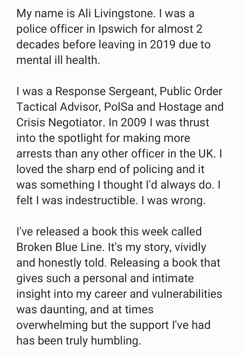 AliLivingstone1's tweet photo. After almost two decades of front line policing I've left the job. I've written about my experiences and given an insight into how tough policing is and how it ultimately broke me
I'd be humbled if you could retweet and spread the word.
#BrokenBlueLine @mrjakehumphrey https://t.co/GudhycYavC