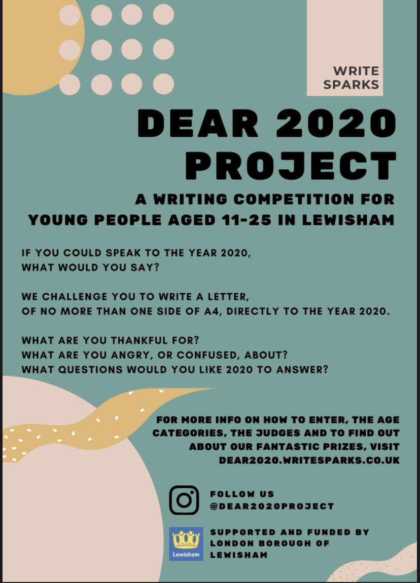 Just 2 weeks left to enter the #Dear2020Project writing competition! Open to everyone aged 11-25 who lives, works or studies in #Lewisham - we’d love to read your letter to 2020. All info at dear2020.writesparks.co.uk -please share, Lewisham friends! #iamlewisham #writingcommunity