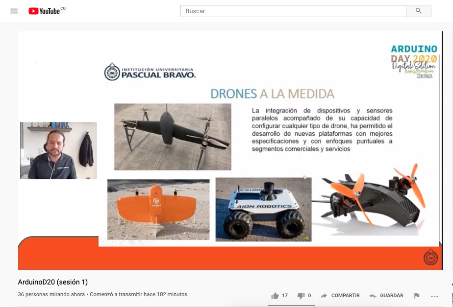IUPascualBravo's tweet image. 🔴Estamos en #ArduinoD20 con Juan David Londoño Saldarriaga de COPTERMEDIA con su intervención sobre PIXHAWK EN LA INDUSTRIA DRONE