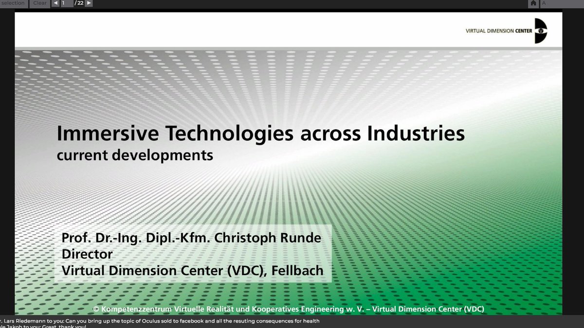 28/  @VDC_Fellbach's Christoph Runde talked about the Virtual Dimension Center (VDC) in Fellbach, Germany which is a B2B network for AR & VR in Germany. https://www.vdc-fellbach.de/en/ 
