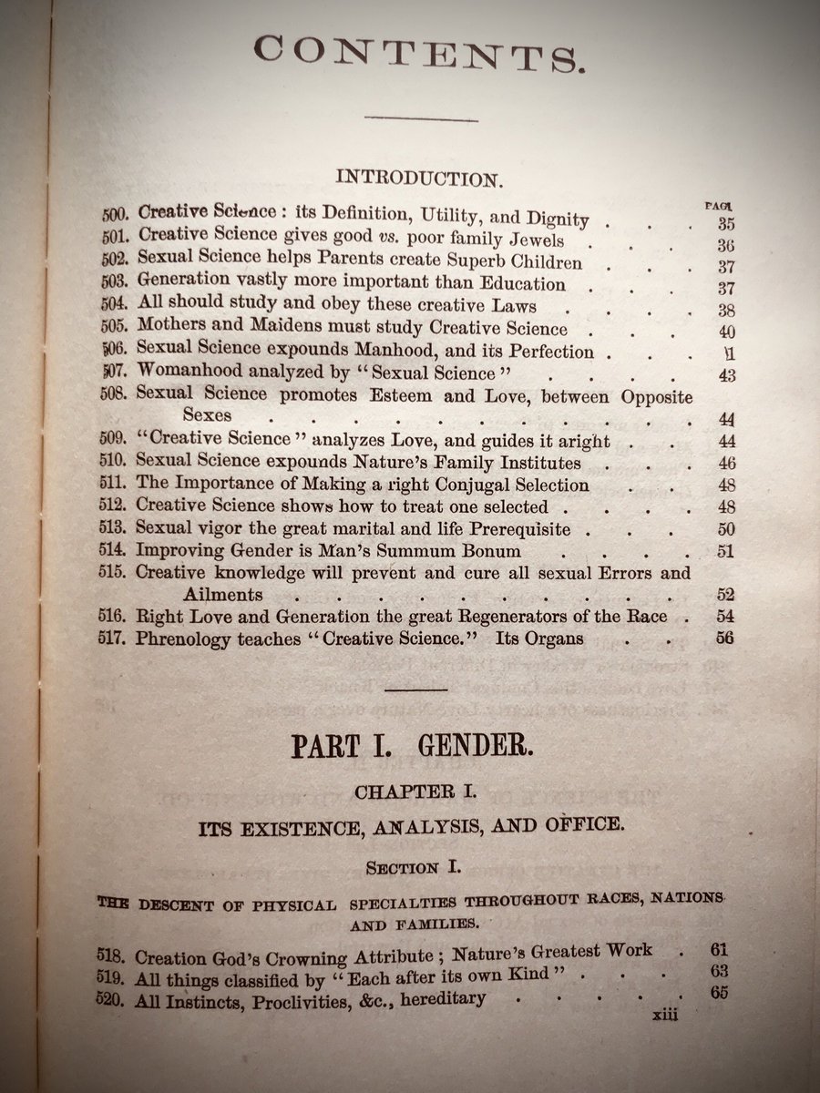 The preface gets us started nicely, I’m sure the science of gender and sexuality here will have aged well, right? Definitely zoom in on some of the table of contents headings to see where this is going: “ A prominent mons veneris the most admired by men.”