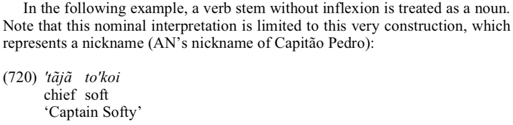 stipulative's tweet photo. Mad respect for van der Voort for putting this example in the grammar: Captain Softy

Kwaza (ISO xwa; isolate; Brazil) #lingdata #linguisticsexample #lingex #indigenouslanguages https://t.co/MVRpM7T5OB