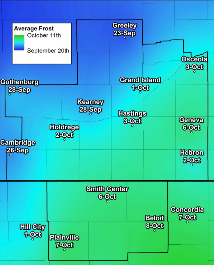 NWSHastings's tweet photo. With frost possible on at least a few mornings during the next week (especially Fri. AM, Oct. 2), here's the link to our annual Fall Frost/Freeze story...PACKED with info about average fall first fall frost/freeze dates, upcoming expectations, etc. #NEwx #KSwx https://t.co/QWK7BMF9dl