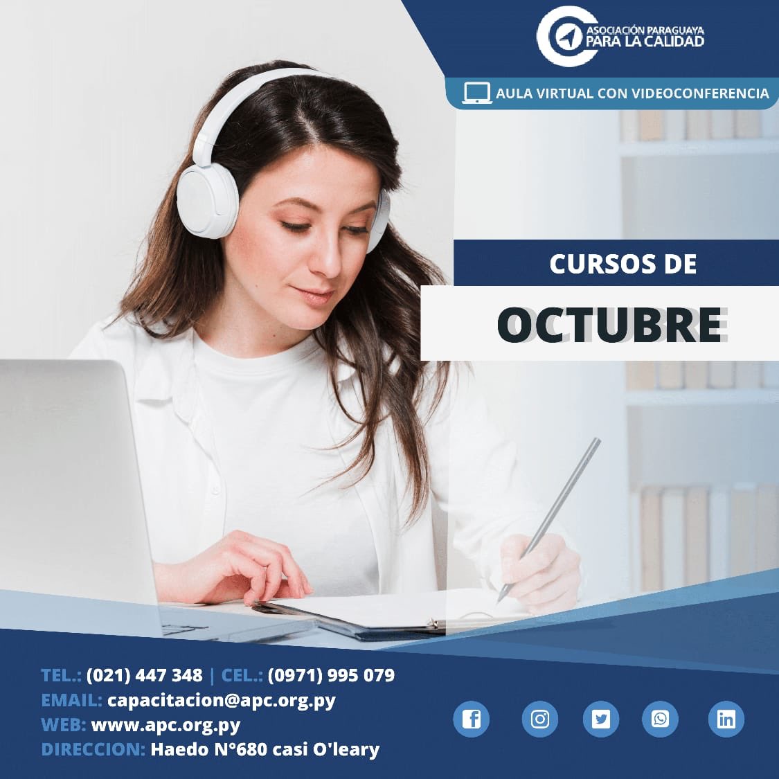 apcparaguay's tweet photo. CALENDARIO OCTUBRE 2020‼️

👨‍💻Modalidad: Aula Virtual con Video Conferencia💻📲
✍️Consultas e inscripciones al 📱0971 995079 o 💻capacitacion@apc.org.py https://t.co/PcyvHPDSGl