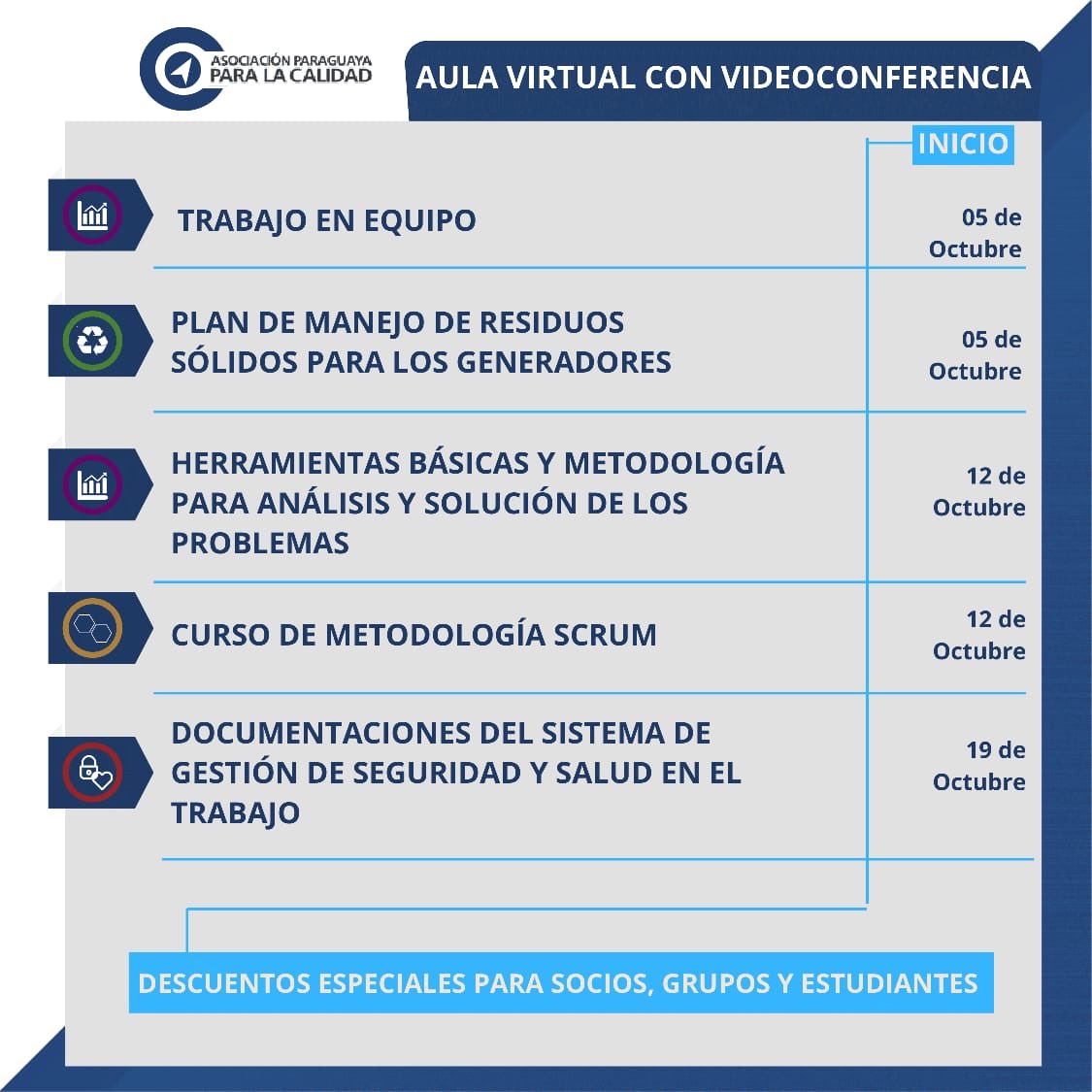 apcparaguay's tweet photo. CALENDARIO OCTUBRE 2020‼️

👨‍💻Modalidad: Aula Virtual con Video Conferencia💻📲
✍️Consultas e inscripciones al 📱0971 995079 o 💻capacitacion@apc.org.py https://t.co/PcyvHPDSGl