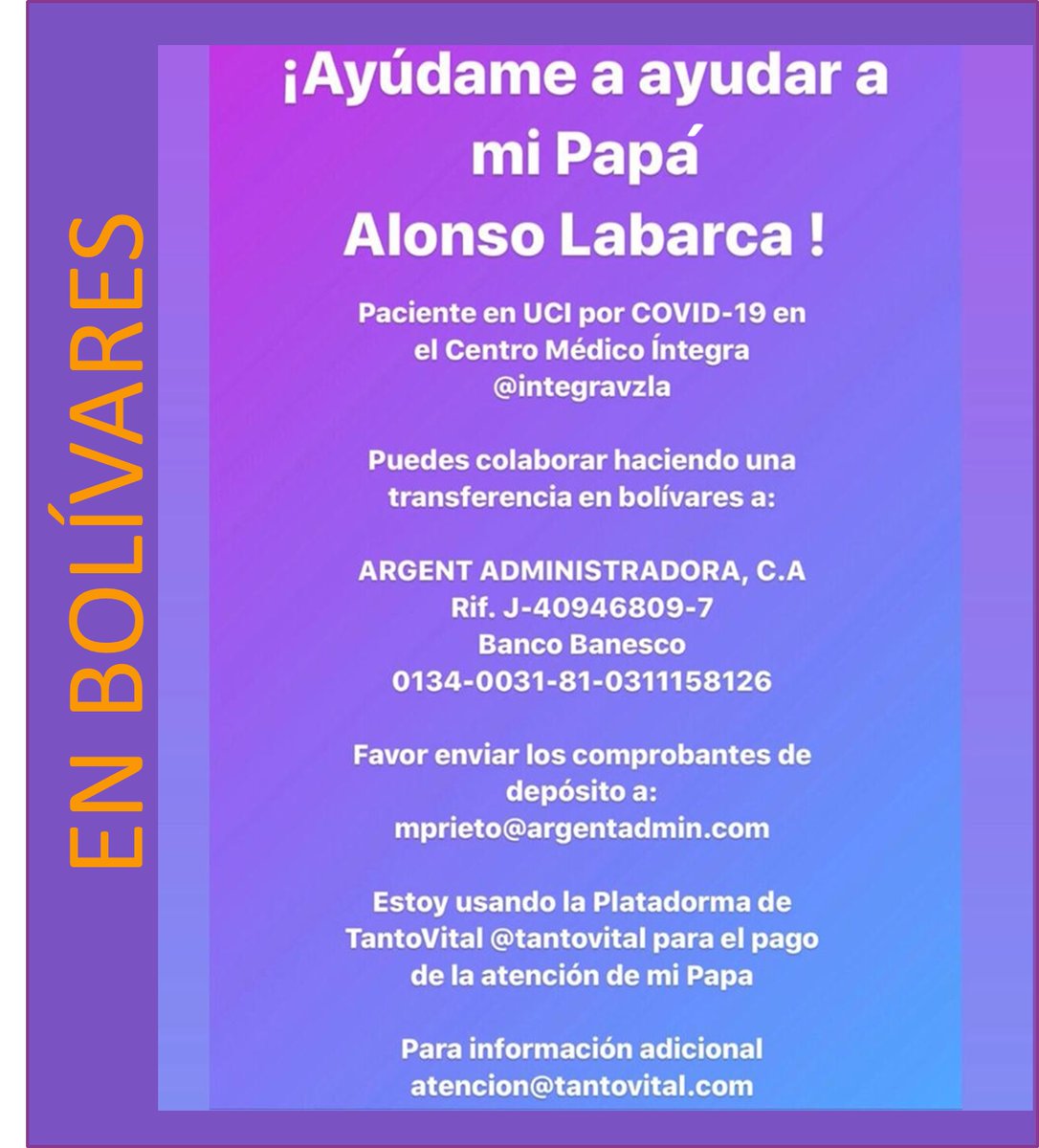 Mi papá Alonso Labarca sigue hospitalizado (neumonía Covid). Seguimos trabajando para pagar los gastos médicos,pero necesitamos de apoyo. Si deseas colaborar, hay varias opciones: