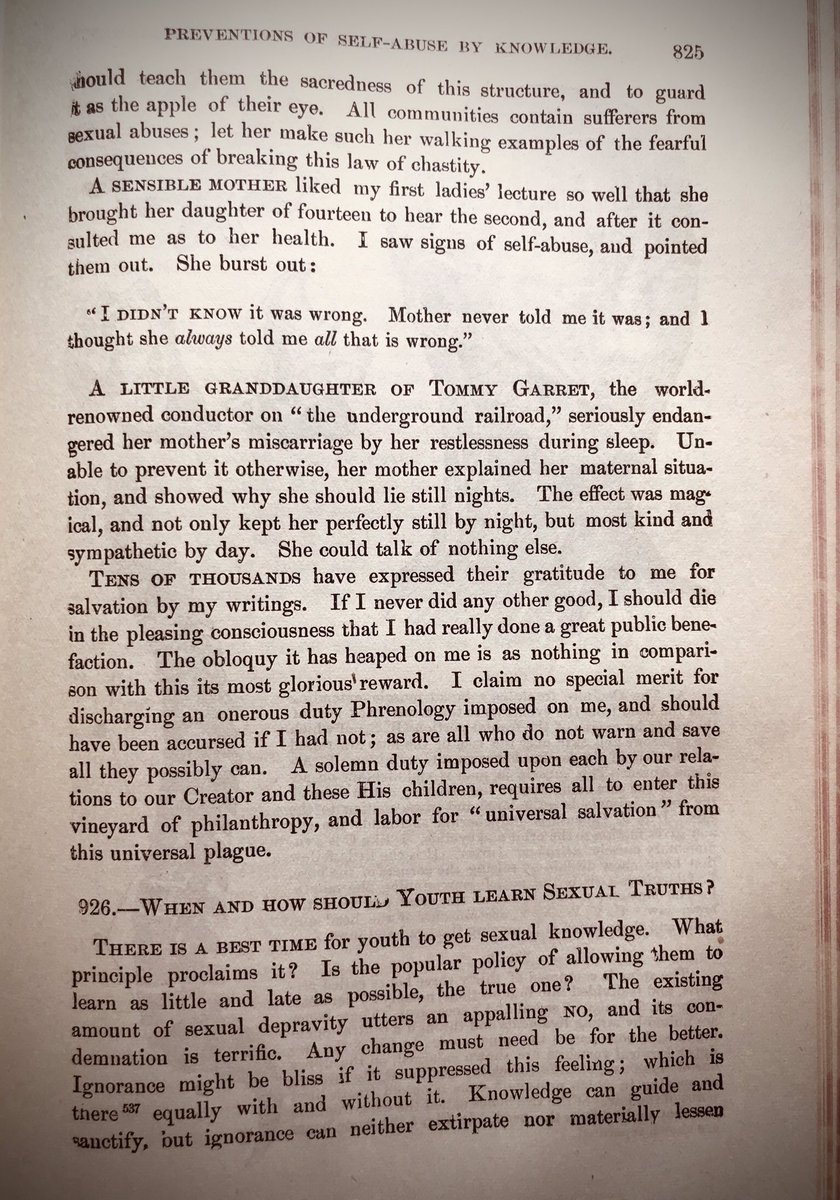 Professor Fowler, after giving a lecture, is introduced to a 14yo girl, and immediately spot signs of self abuse. The poor girl’s response: “I didn’t know it was wrong. Mother never told me it was; and I thought she always told me all that is wrong.” Not traumatizing at all.