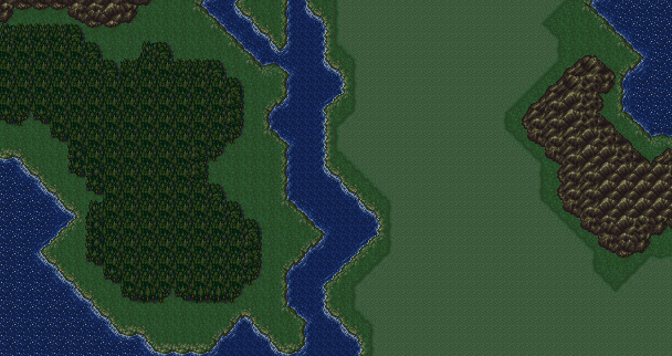 The greener grass tile appears elsewhere but dominates here, and is pushed to the edge in a way distinct to this part of the map. The music is different on the overworld, and the battle background is more arid and rocky. Copare to the more lush "regular" grassland.