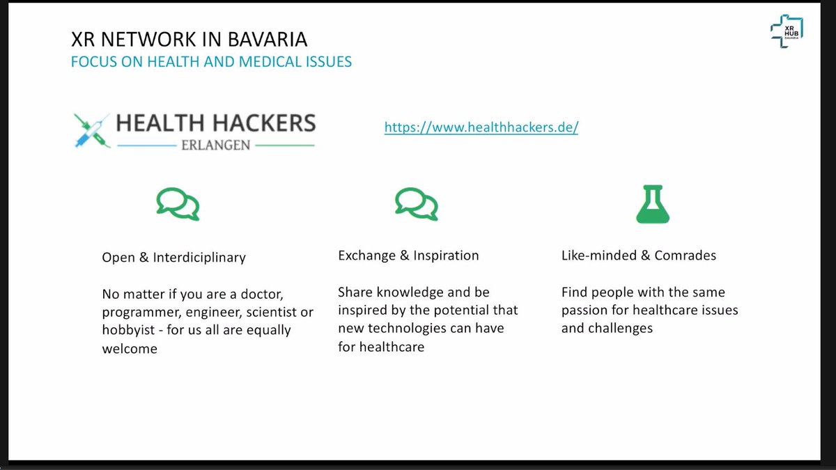 31/  @petradahm & Julia Wittmann talked about  @xrbavaria, their 3 XR Hubs2, their medical network, medical conference, and health hackers. https://xrbavaria.de/  https://www.medteclive.com/  https://www.healthhackers.de/ 