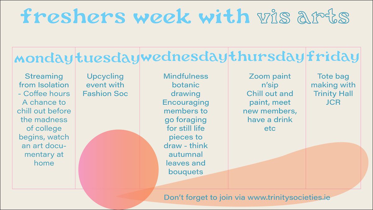 ViS ARTS (@tcdvisarts) on Twitter photo here it is! our fresher’s week timetable — featuring collabs with <a href="/TCDFashionSoc/">TCD Fashion Society</a> <a href="/TrinityHallJCR/">Trinity Hall JCR</a>, art documentary screenings and as per some painting and chatting. Make sure to check trinitysocieties.ie to sign up and attend 🥂🎨🏺 here it is! our fresher’s week timetable — featuring collabs with <a href="/TCDFashionSoc/">TCD Fashion Society</a> <a href="/TrinityHallJCR/">Trinity Hall JCR</a>, art documentary screenings and as per some painting and chatting. Make sure to check trinitysocieties.ie to sign up and attend 🥂🎨🏺
