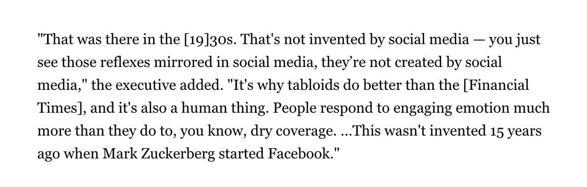 some people pointed out the that "1930's" quote wasn't in the piece. That was just a late night back-and-forth edits slip-up. It is back in the story now.  https://www.politico.com/news/2020/09/26/facebook-conservatives-2020-421146