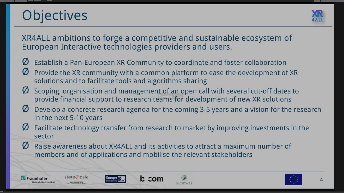 33/  @oliverschreer talks about  @XR4ALL, which is a Coordination & Support Action funded by the European Commission to cultivate community & foster collaboration.