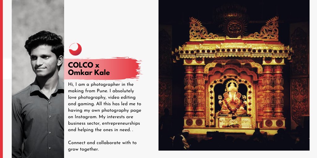 ColcoApp's tweet photo. Meet Omkar, a photographer in the making from Pune.
Connect and collaborate with him to capture memories and events like never before! @omkarkale__
#colco #collabviacolco #talentisthenewcurrency #talentseriesbycolco #webdesign https://t.co/0q7huRGEYa