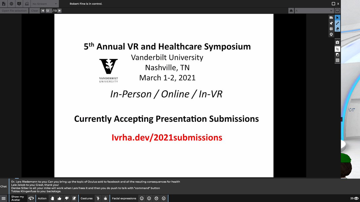 35/  @bobfine on the International Virtual Reality Healthcare Association. https://ivrha.org/ 47 talks from "Your Guide to Virtual Reality Healthcare Applications, Products & Services" https://www.crowdcast.io/e/your-guide-to-virtual-reality-healthcare-applications-products-and-services5th VR Healthcare Symposium submissions: https://ivrha.dev/2021submissions 