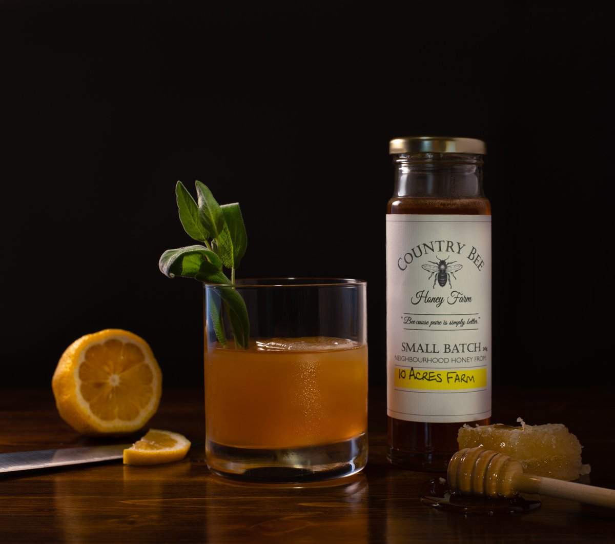 What do you do when you stumble across the most amazing honey farm???  Make a Sage Infused Gold Rush cocktail of course.  #countrybeehoney #eat10acres #yyjrestaurants #eatlocal #Bourbon #whiskey #whisky #bourbonlover #cocktail #mixoligy #photography #productphotography