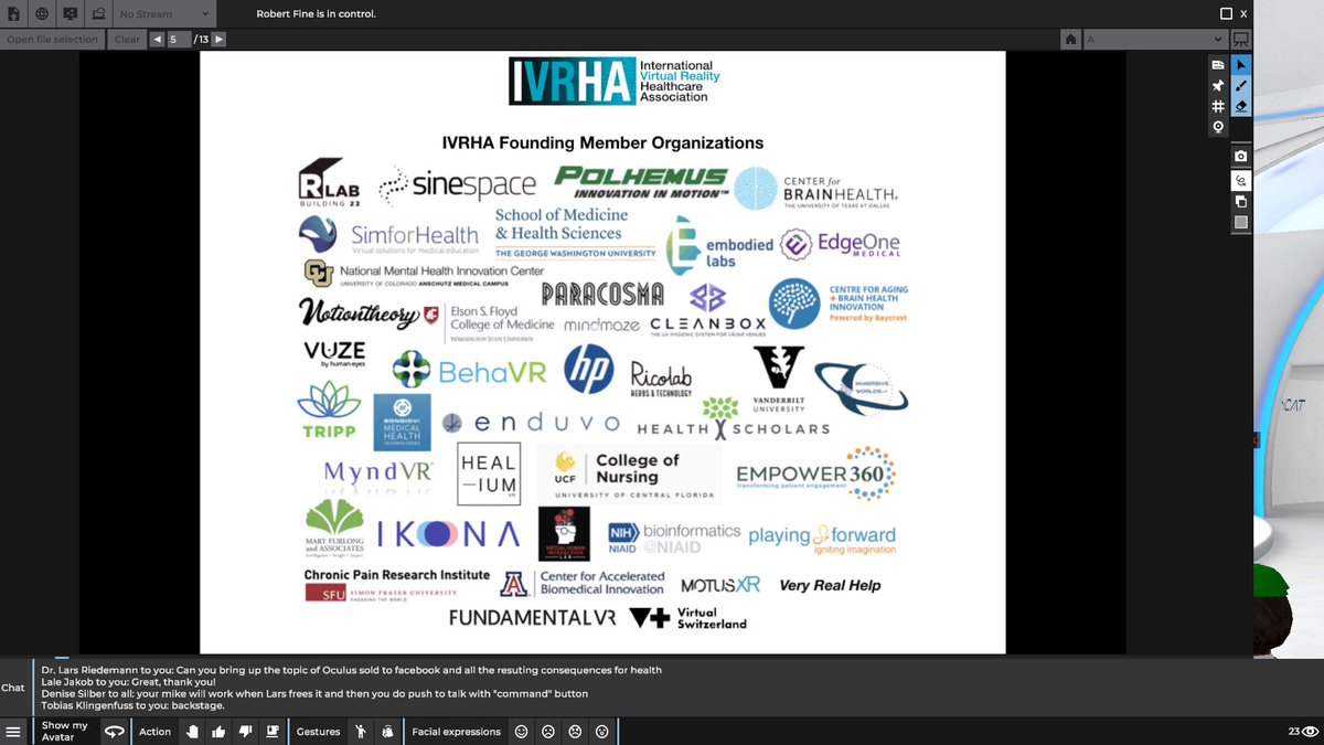 35/  @bobfine on the International Virtual Reality Healthcare Association. https://ivrha.org/ 47 talks from "Your Guide to Virtual Reality Healthcare Applications, Products & Services" https://www.crowdcast.io/e/your-guide-to-virtual-reality-healthcare-applications-products-and-services5th VR Healthcare Symposium submissions: https://ivrha.dev/2021submissions 