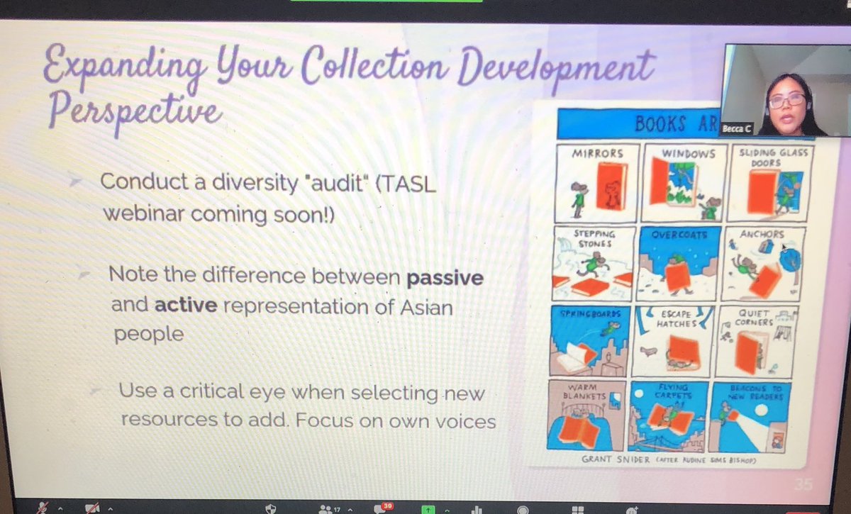 LindsKimery's tweet image. Becca Chen provided TONS or resources to help librarians expand their collections to have more Asian-American literature! Great information shared on diversity audits and continued allyship! @MsChenLibrarian #TASLVirtual20 #mnpslibhacks