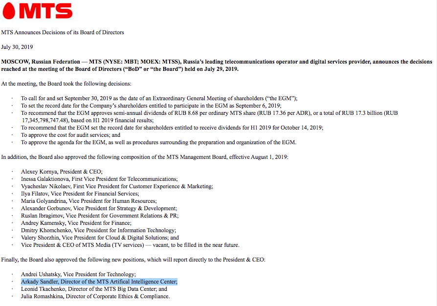 Another person listed in 2018 as advisor to Bond - co-founded by Den Tolmor, listed Michael Caputo chief marketing officer - was Arkady SandlerPer 2019 SEC filing, Arkady Sandler is senior exec of Russia's largest mobile network Mobile TeleSystems (MTS) https://www.sec.gov/Archives/edgar/data/1115837/000110465919042450/a19-16319_16k.htm