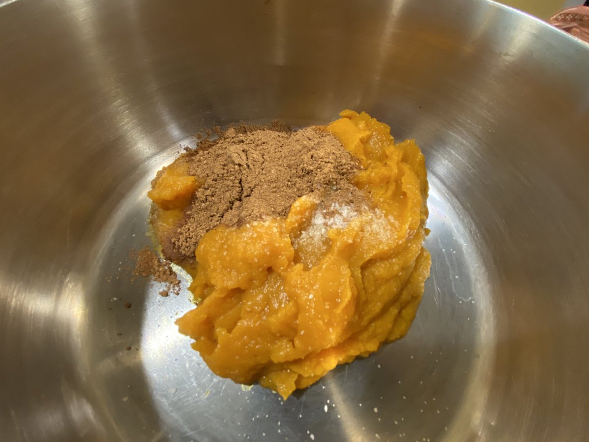 Pumpkin + our gingerbread mixture + salt go over medium heat to blend and reduce, about 7 minutes.