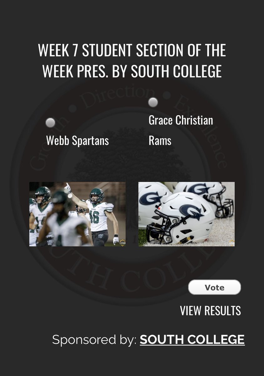 5StarPreps's tweet photo. Well, this @SouthCollege Student Section of the Week should be good.
Webb and GCA students and fans can vote at https://t.co/Heh0GgXhil until NOON on Friday! https://t.co/cpbQEMJ6Bv