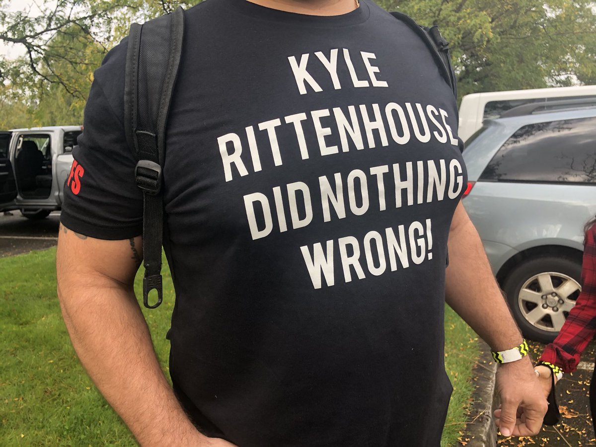 “Kyle Rittenhouse did nothing wrong” says the shirts some are wearing.“The tree of liberty must be refreshed from time to time with the blood of commies,” it claims.“RWFS” is on the side. Normally RWDS = “right wing death squads.”He says the F is for “fun.”