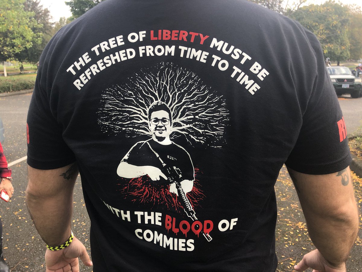 “Kyle Rittenhouse did nothing wrong” says the shirts some are wearing.“The tree of liberty must be refreshed from time to time with the blood of commies,” it claims.“RWFS” is on the side. Normally RWDS = “right wing death squads.”He says the F is for “fun.”