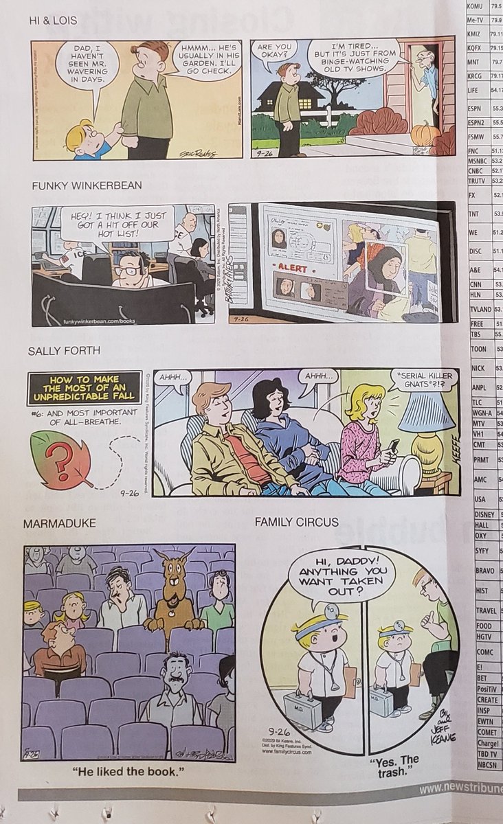 Hi & Lois: at-risk Mr. Wavering is binge-watching shows. He & Hi stay more than 6 ft apartFunky Winkerbean: ICE is tracking a womanSally Forth: an unpredictable fall! Remember those hammock leaves that fell on Dagwood?Marmaduke: New Mutants?Family Circus: Billy is a Dr now