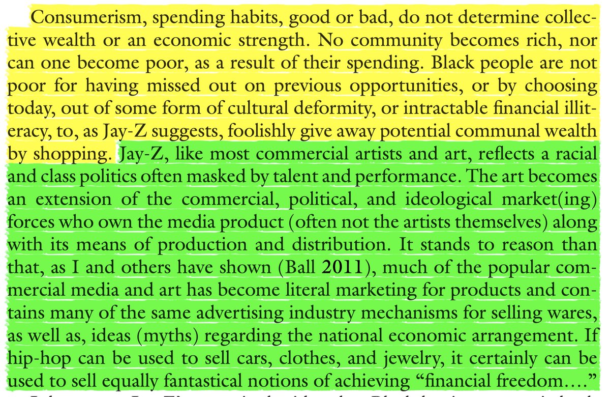 "as well as, ideas (myths) regarding the national economic arrangement. if hip-hop can be used to sell cars, clothes, and jewelry, it certainly can be used to sell equally fantastical notions of achieving “financial freedom….”
