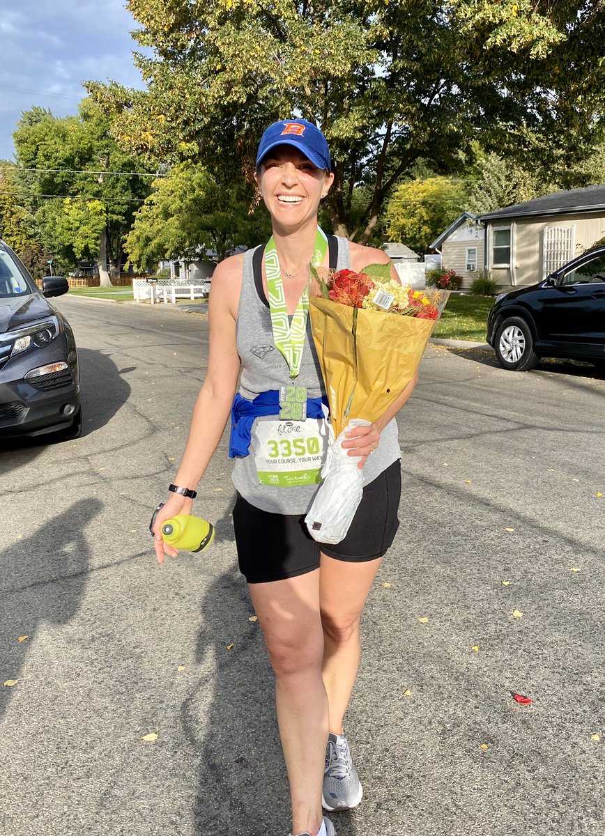 HixDoc's tweet photo. @BoiseStateCOED Assistant Professor Dr. Julianne Wenner finished her first 10k @FitOneBoise representing with @BoiseState gear. Way to go, Julianne (and her faithful pacer :) ) https://t.co/S7MxCfwipG