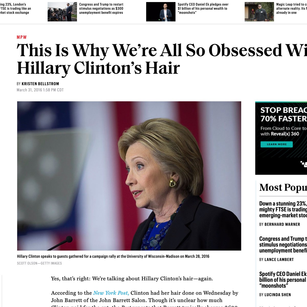 Google shows the top stories about Hillary the day after she gave that Supreme Court speech:1. Fortune: "This is Why We're So Obsessed With Hillary's Hair"2. WP: "What Some Men Have Against Hillary Clinton"3. The Atlantic: "On Hillary Clinton as a 'Congenital Liar'" 5/