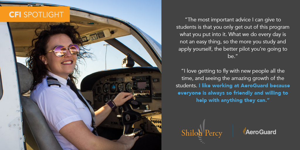Shining brightly in the CFI Spotlight is Shiloh Percy! We're lucky to have her here at AeroGuard. Take a moment to learn more about this great pilot! 👩🏻✈️
#Aviation #AviationLovers #AviationPhotography #Pilot #PilotTraining #Planes #Airplane #FlightSchool https://t.co/OLK1VptPCk