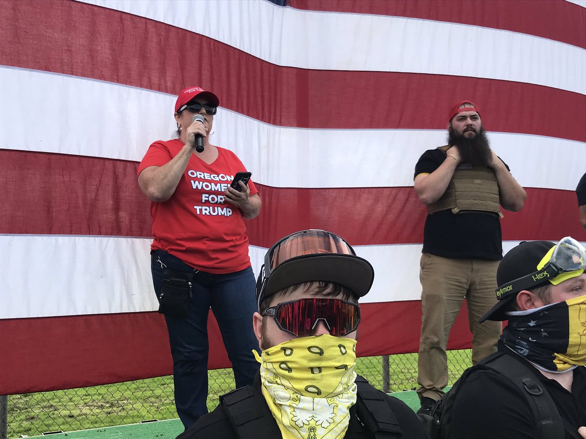 Carol Leek of Oregon Women for Trump asks why state GOP didn’t attend Proud Boys rally Encourages crowd to run for office, fill out ballots, then says “and if you get two, send them both in.”“I’m really just kidding,” she says repeatedly. “That was a joke ha ha ha.”