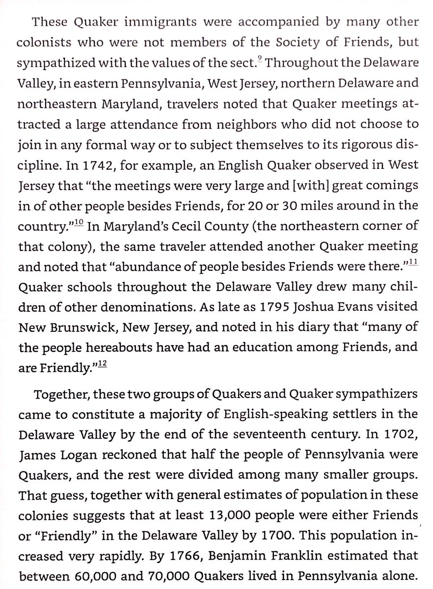 23k Quakers & their associates settled Delaware River Valley 1675-1715. They were 1/3 of colonial population by 1750 - mostly living in PA, NJ, northern MD & northern DE. While Quakers dominated the Delaware, Philadelphia was inhabited by others at odds with Quakers.