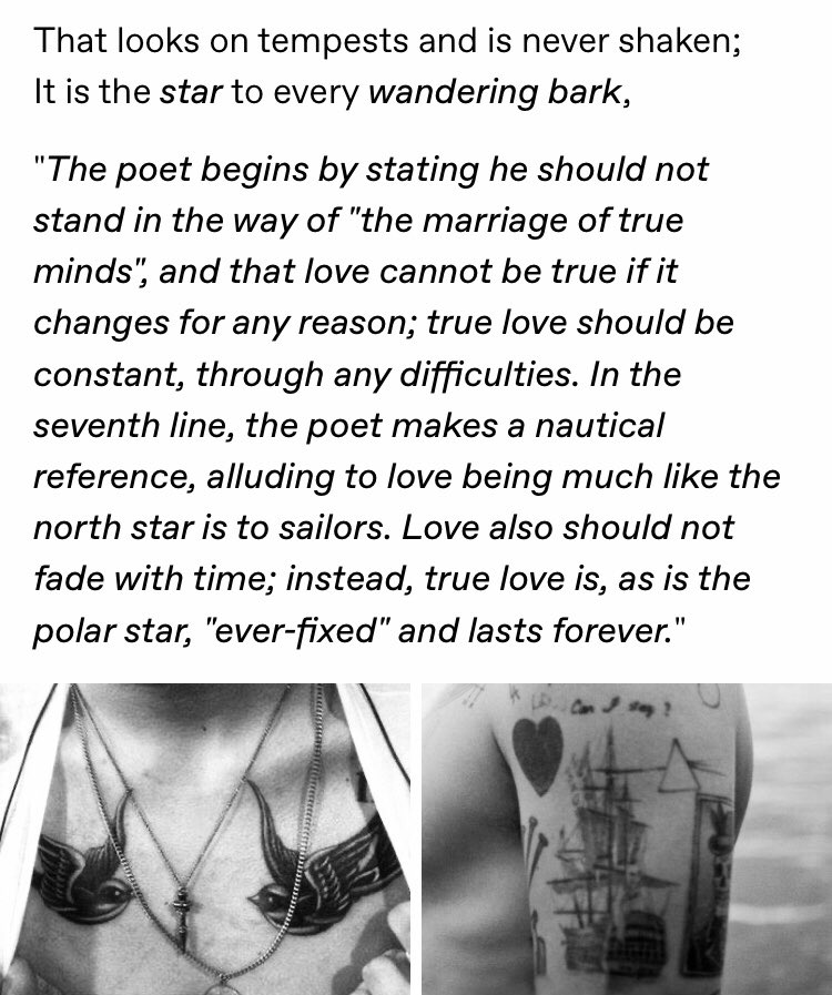 Sonnet 116. One of S most famous works, it talks about Love as a long-lasting mark and the literal image of a permanent mark is... tattoos. The sonnet talks about Love as a bright star (also comparable to a lighthouse) that guides a bark (a boat) through the tempest (hardship)